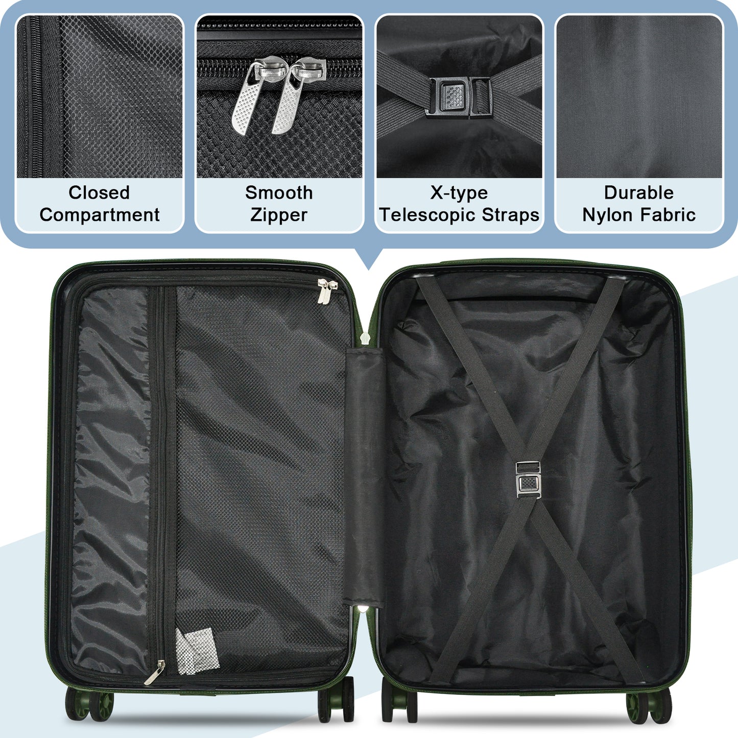 Joyway Luggage Set 4 Piece ABS Hardside Lightweight Suitcase with TSA Lock Spinner Wheels (18/20/24/28),Green-Brown