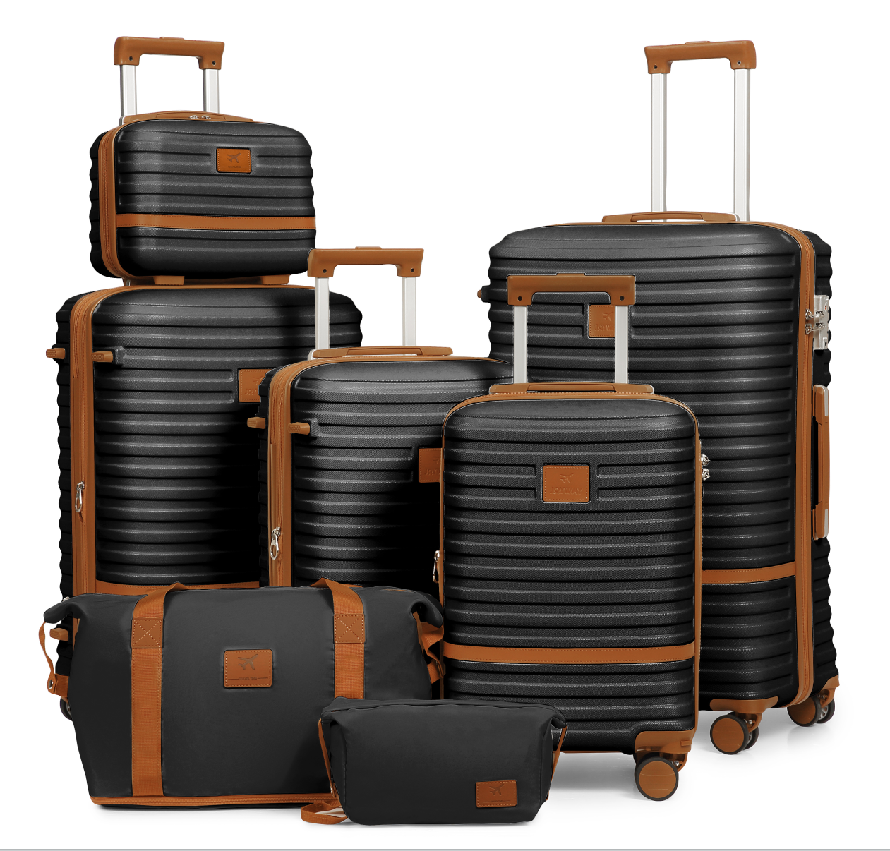 7-piece striped luggage set, including four hard-shell lightweight suitcases, one makeup case, one multi-functional luggage bag, and one cosmetic bag, model TR008