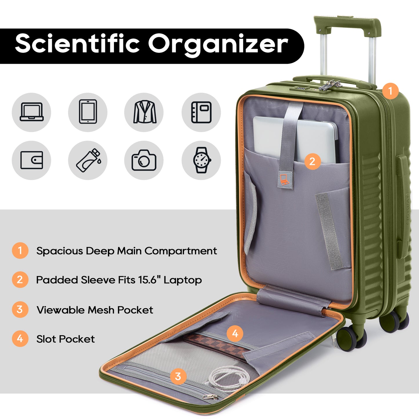 Joyway Front Opening Cover Carry-on Luggage Side Hooks TSA Lock Spinner Wheels YKK Zippers