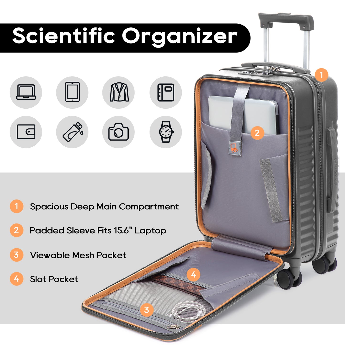 Joyway Front Opening Cover Carry-on Luggage Side Hooks TSA Lock Spinner Wheels YKK Zippers