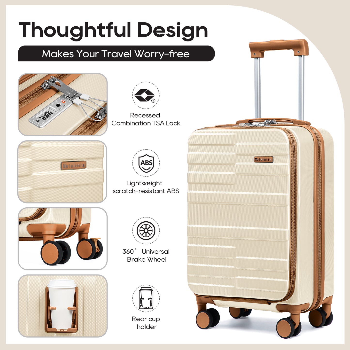 Melalenia 3-Piece Front Opening Cover Carry-on Luggage Side Hooks TSA Lock Spinner Wheels YKK Zippers