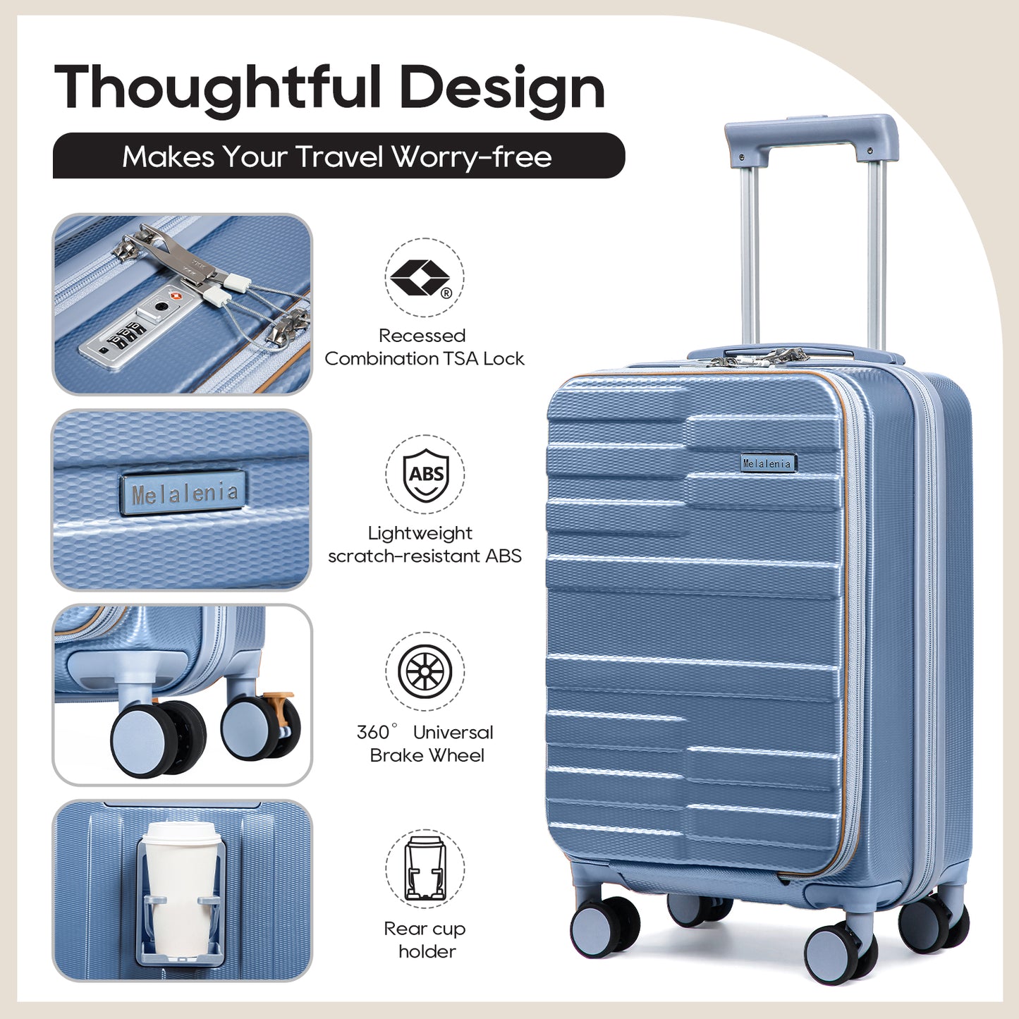 Melalenia 3-Piece Front Opening Cover Carry-on Luggage Side Hooks TSA Lock Spinner Wheels YKK Zippers