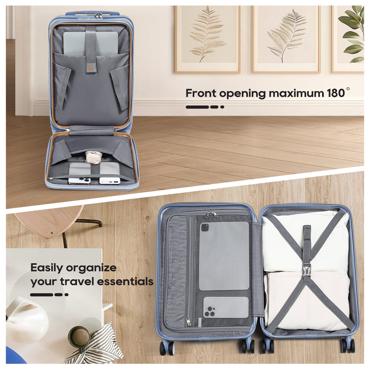 Melalenia 3-Piece Front Opening Cover Carry-on Luggage Side Hooks TSA Lock Spinner Wheels YKK Zippers