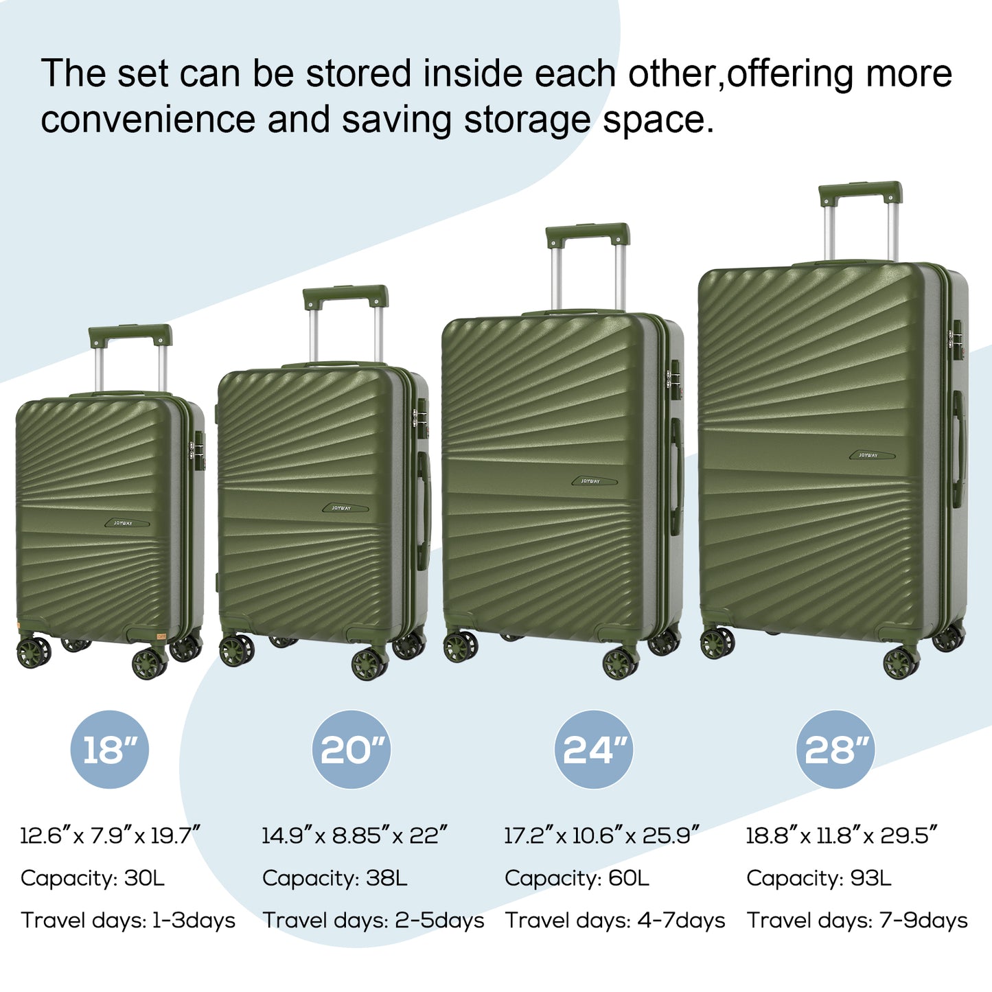 Joyway Luggage Set 4 Piece ABS Hardside Lightweight Suitcase with TSA Lock Spinner Wheels (18/20/24/28),Green-Brown