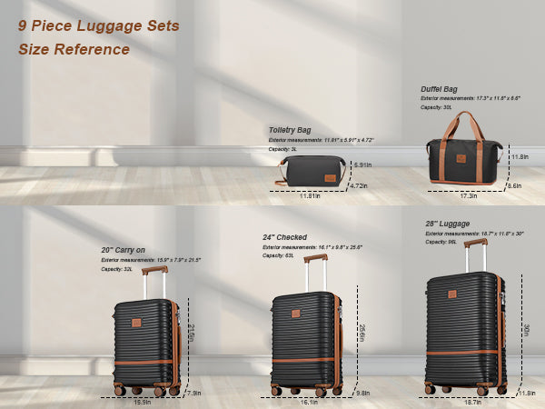 black 9 Pieces Luggage Set Hard Shell Lightweight Luggage