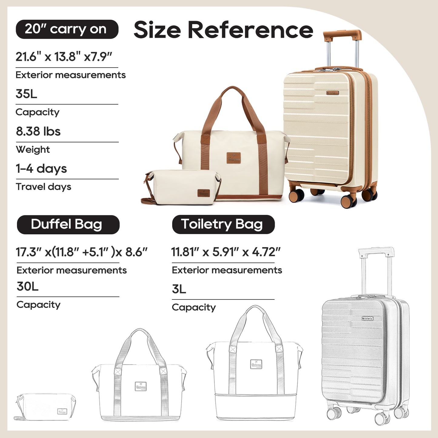 Melalenia 3-Piece Front Opening Cover Carry-on Luggage Side Hooks TSA Lock Spinner Wheels YKK Zippers