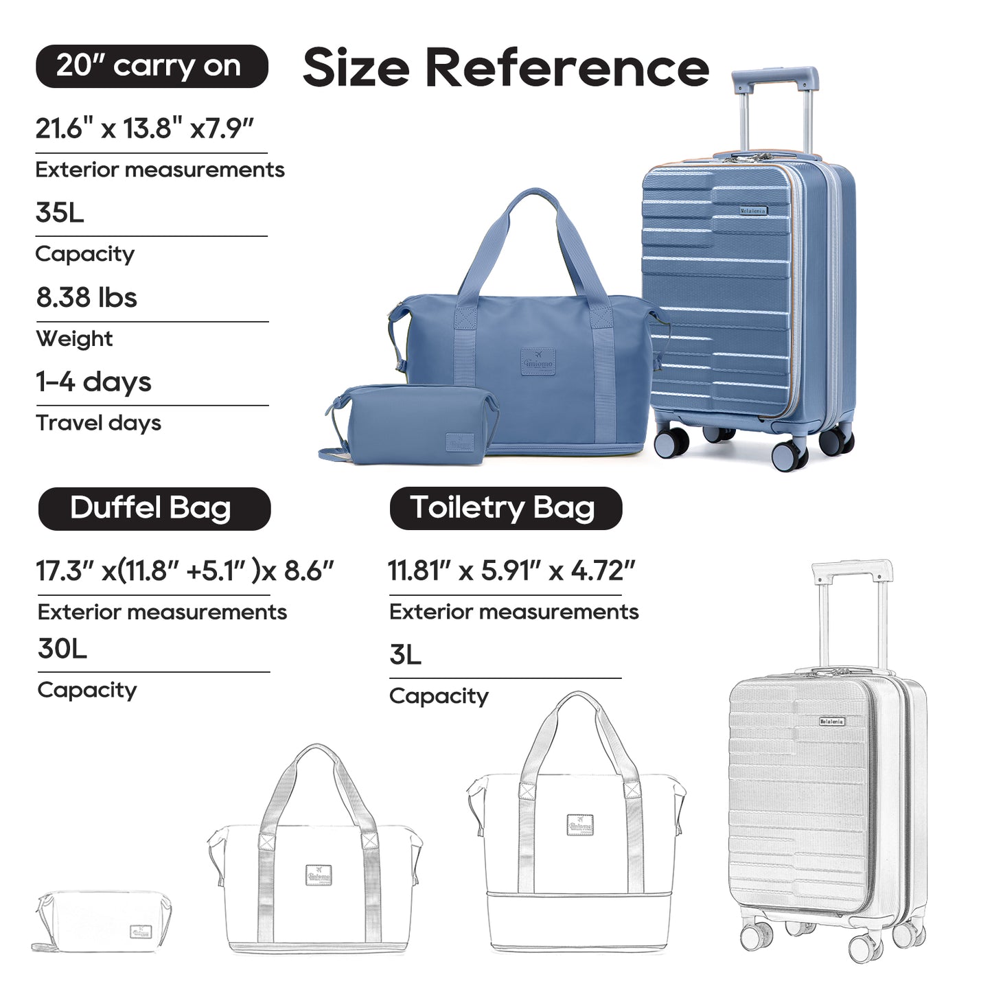 Melalenia 3-Piece Front Opening Cover Carry-on Luggage Side Hooks TSA Lock Spinner Wheels YKK Zippers