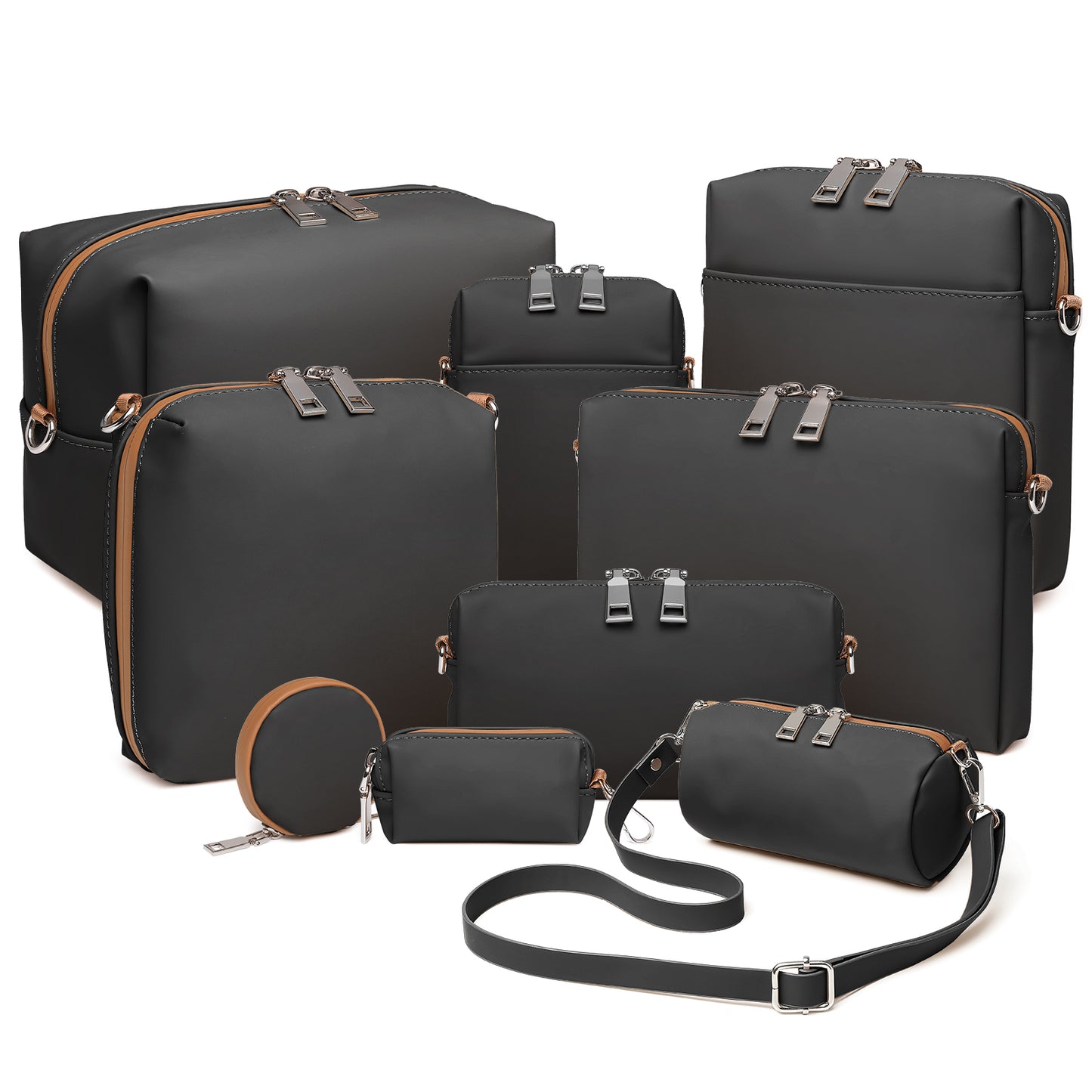 Ten-piece PU leather bag set, including a toiletry bag set (9 bags + 3 matching shoulder straps)