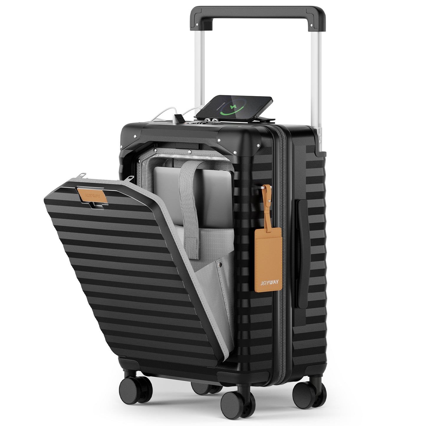 Joyway Front Opening Cover Carry-on Luggage Side Hooks TSA Lock Spinner Wheels YKK Zippers，PC material
