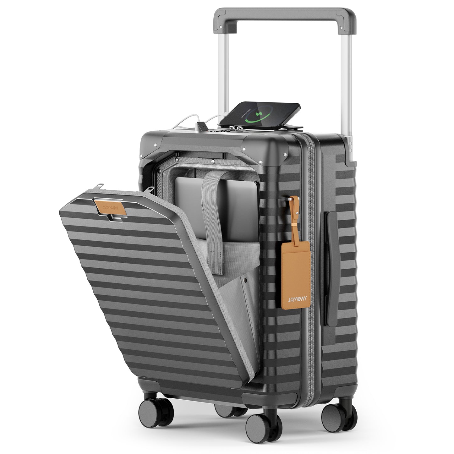 Joyway Front Opening Cover Carry-on Luggage Side Hooks TSA Lock Spinner Wheels YKK Zippers，PC material