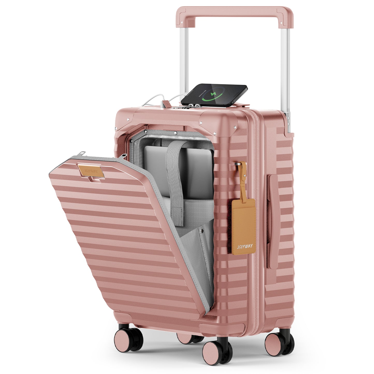 Joyway Front Opening Cover Carry-on Luggage Side Hooks TSA Lock Spinner Wheels YKK Zippers，PC material