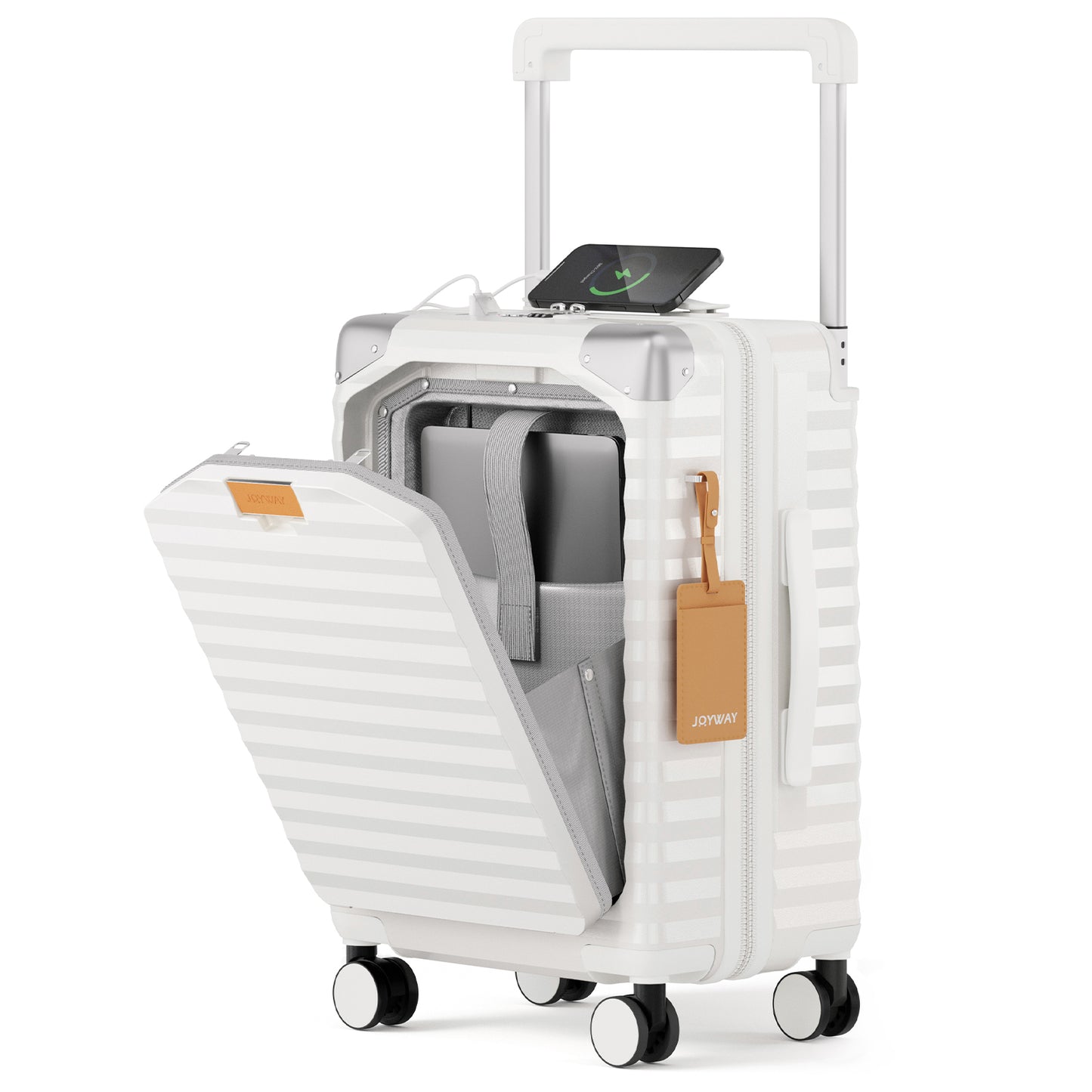 Joyway Front Opening Cover Carry-on Luggage Side Hooks TSA Lock Spinner Wheels YKK Zippers，PC material