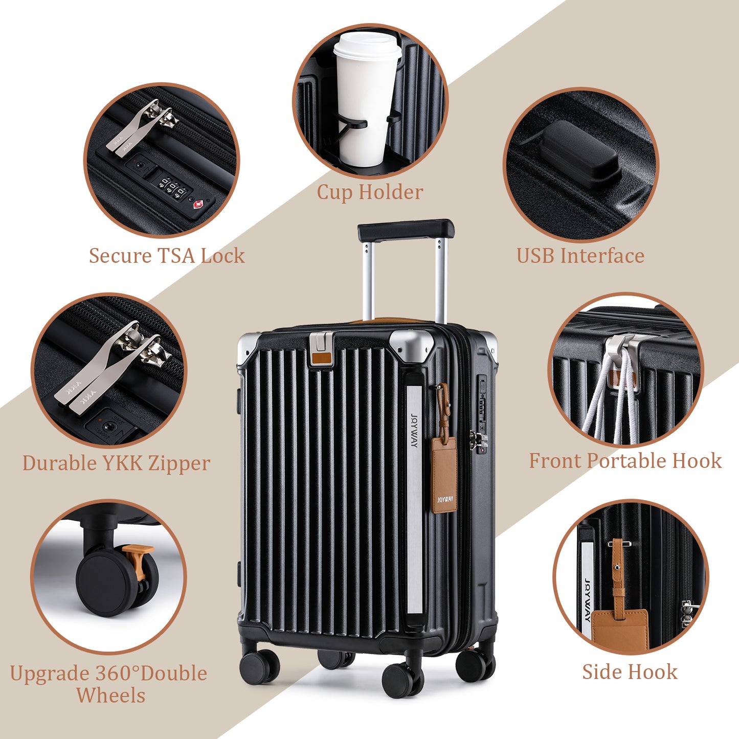 Joyway Luggage Sets Expandable Hard 20 inch Carry-on Luggage USB Port Cup Holder TSA Lock Suitcase