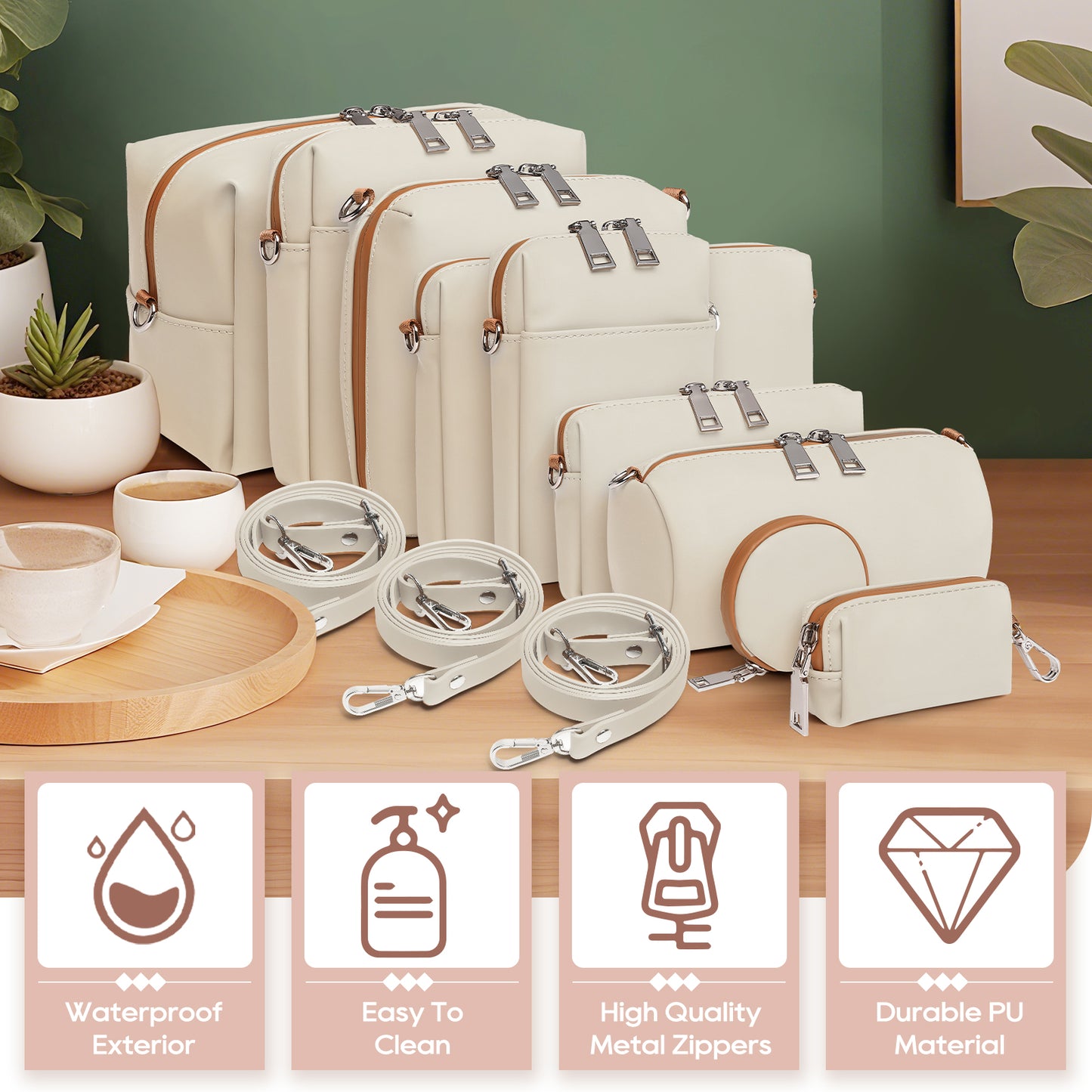 Ten-piece PU leather bag set, including a toiletry bag set (9 bags + 3 matching shoulder straps)