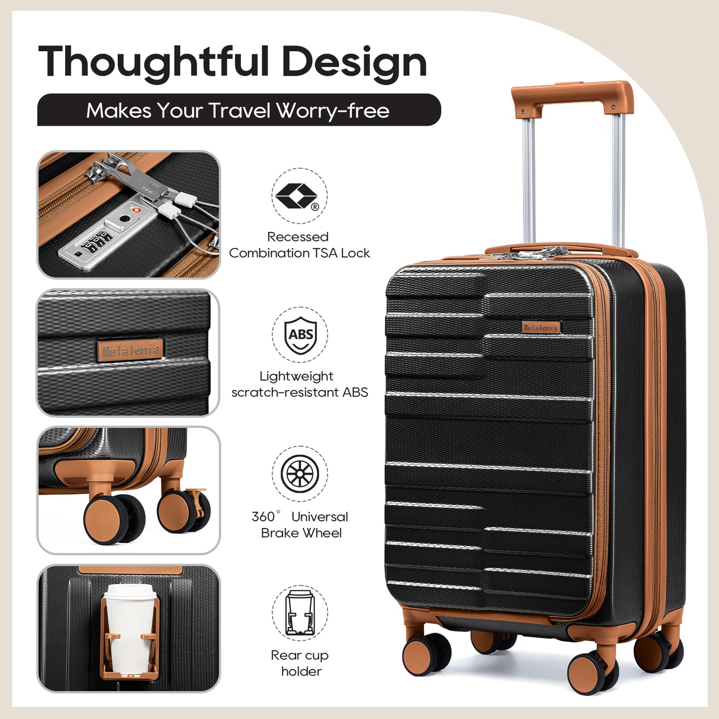 Melalenia 3-Piece Front Opening Cover Carry-on Luggage Side Hooks TSA Lock Spinner Wheels YKK Zippers