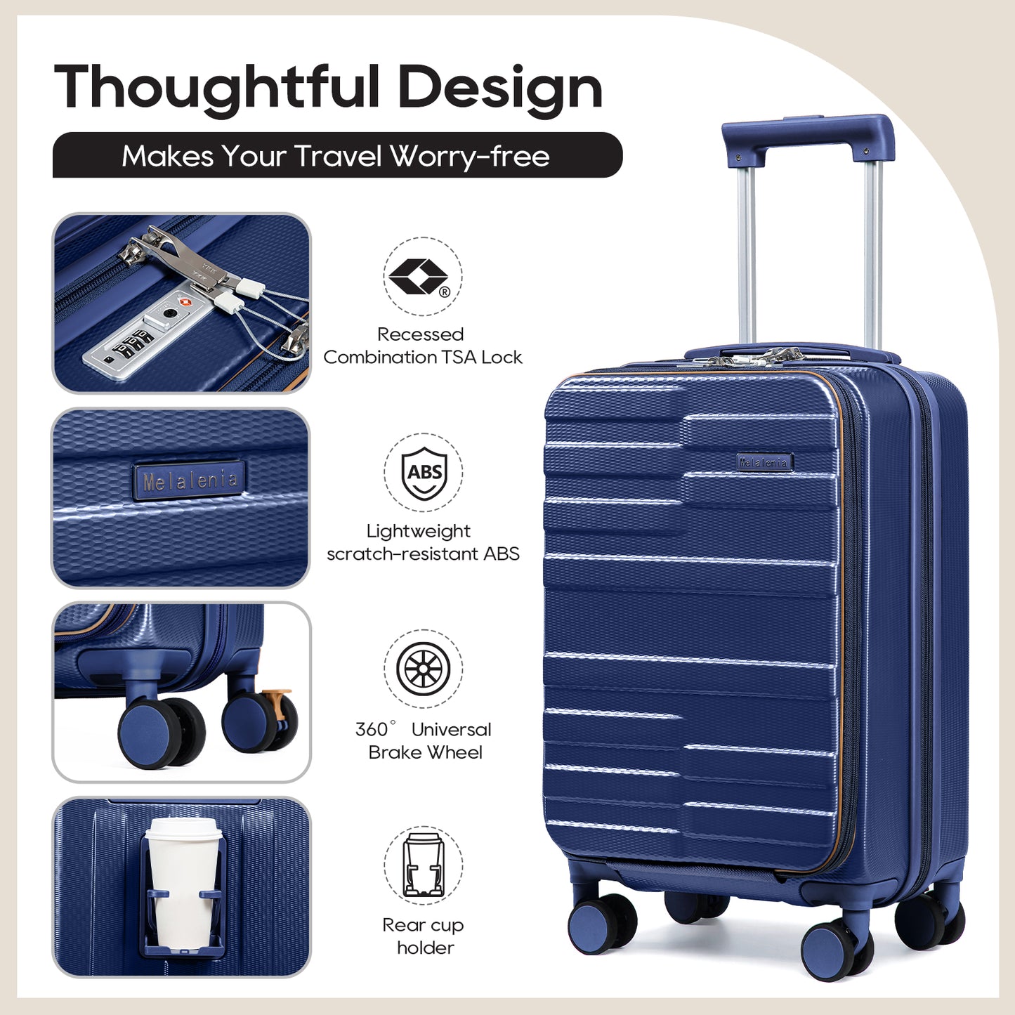 Melalenia 3-Piece Front Opening Cover Carry-on Luggage Side Hooks TSA Lock Spinner Wheels YKK Zippers