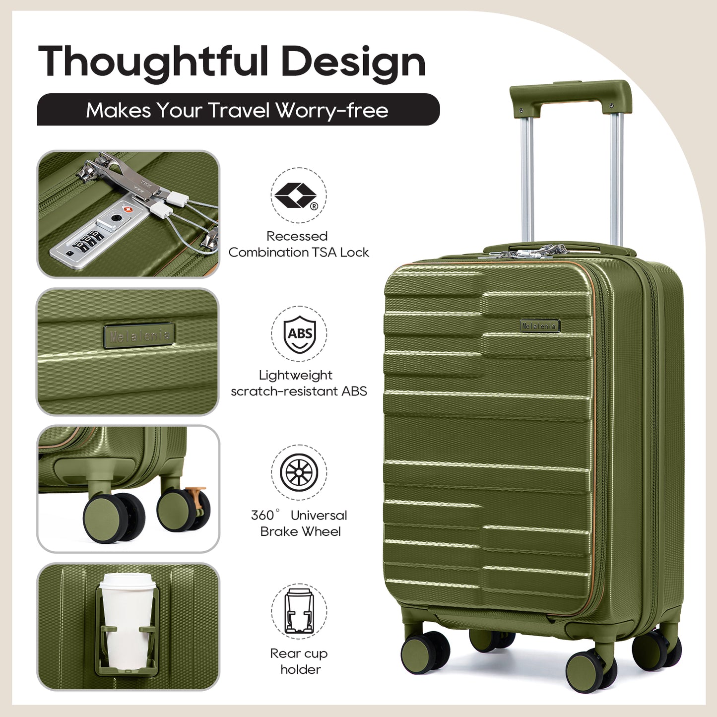 Melalenia 3-Piece Front Opening Cover Carry-on Luggage Side Hooks TSA Lock Spinner Wheels YKK Zippers