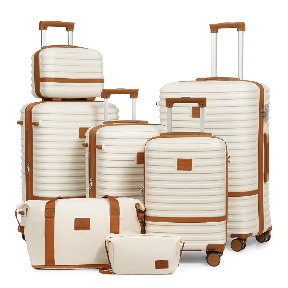 7-piece striped luggage set, including four hard-shell lightweight suitcases, one makeup case, one multi-functional luggage bag, and one cosmetic bag, model TR008