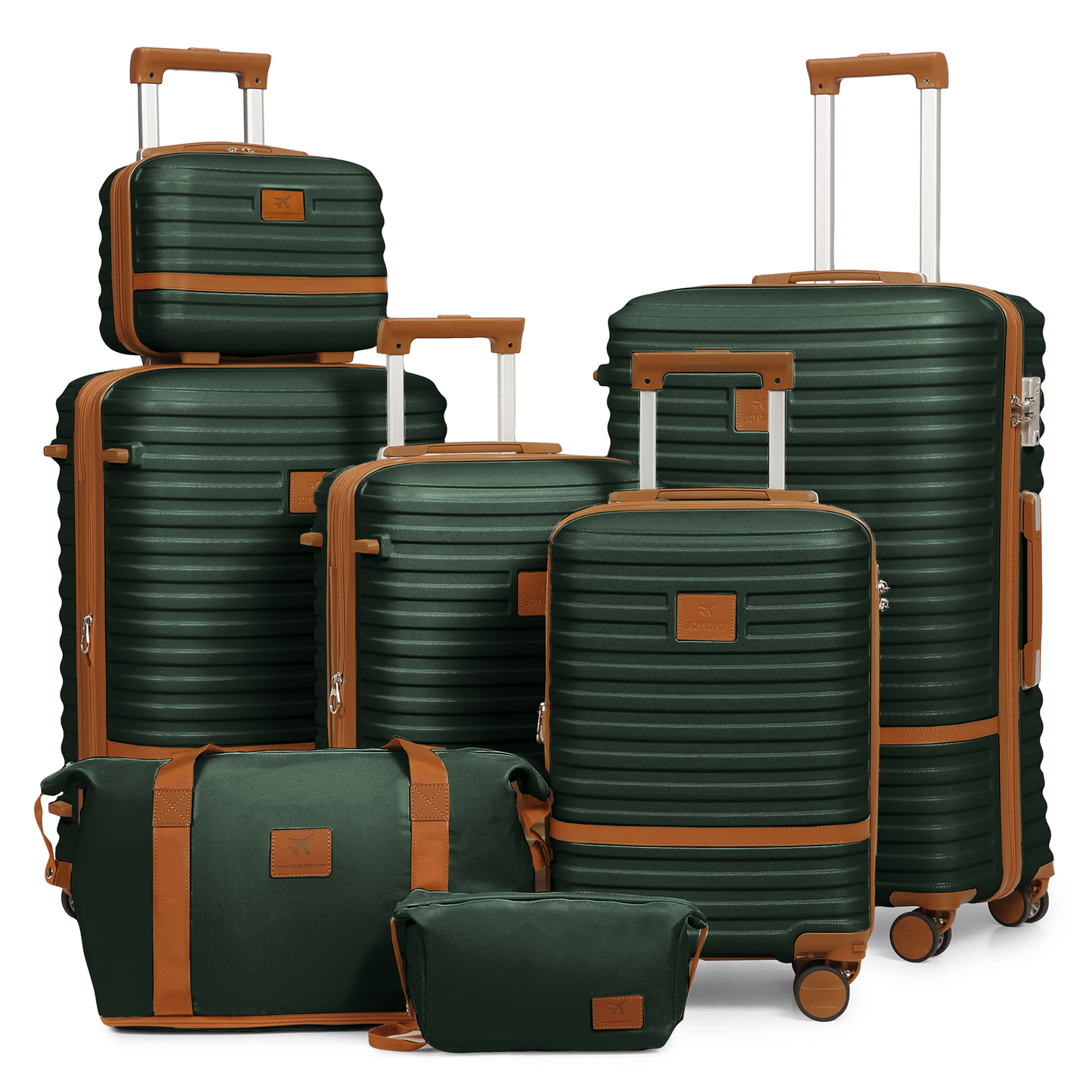 7-piece striped luggage set, including four hard-shell lightweight suitcases, one makeup case, one multi-functional luggage bag, and one cosmetic bag, model TR008