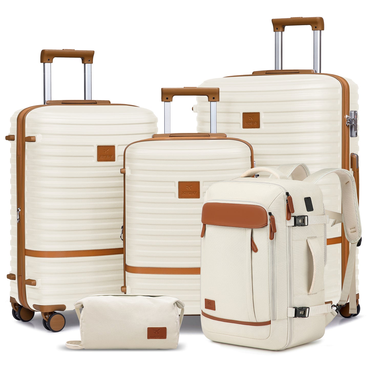 5-piece striped luggage set, including a hard-shell lightweight suitcase, a multi-functional backpack, and a cosmetic bag, TR008