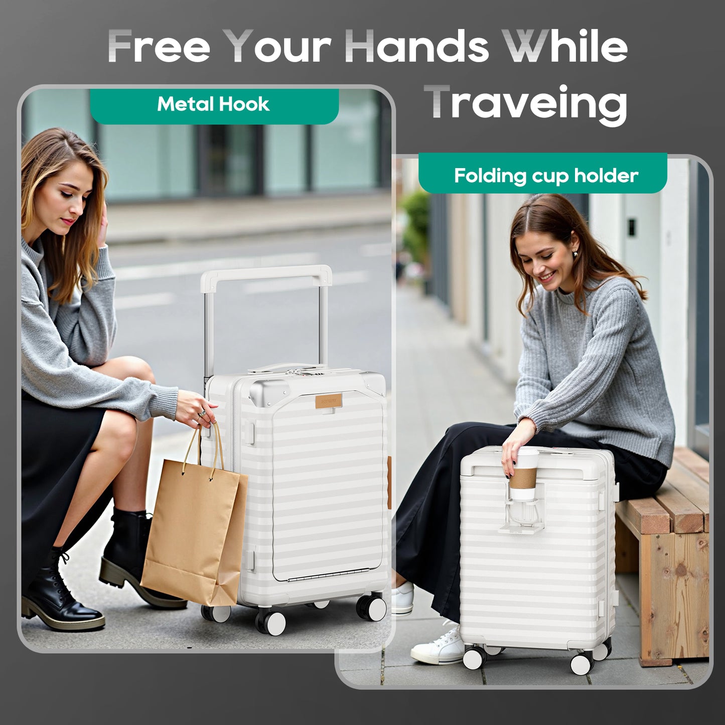 Joyway Front Opening Cover Carry-on Luggage Side Hooks TSA Lock Spinner Wheels YKK Zippers，PC material