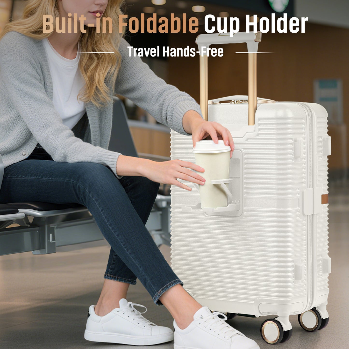 20-inch lightweight and durable ABS luggage , featuring silent universal wheels, shockproof design，as well as a cup holder function, making it an excellent travel companion PF001
