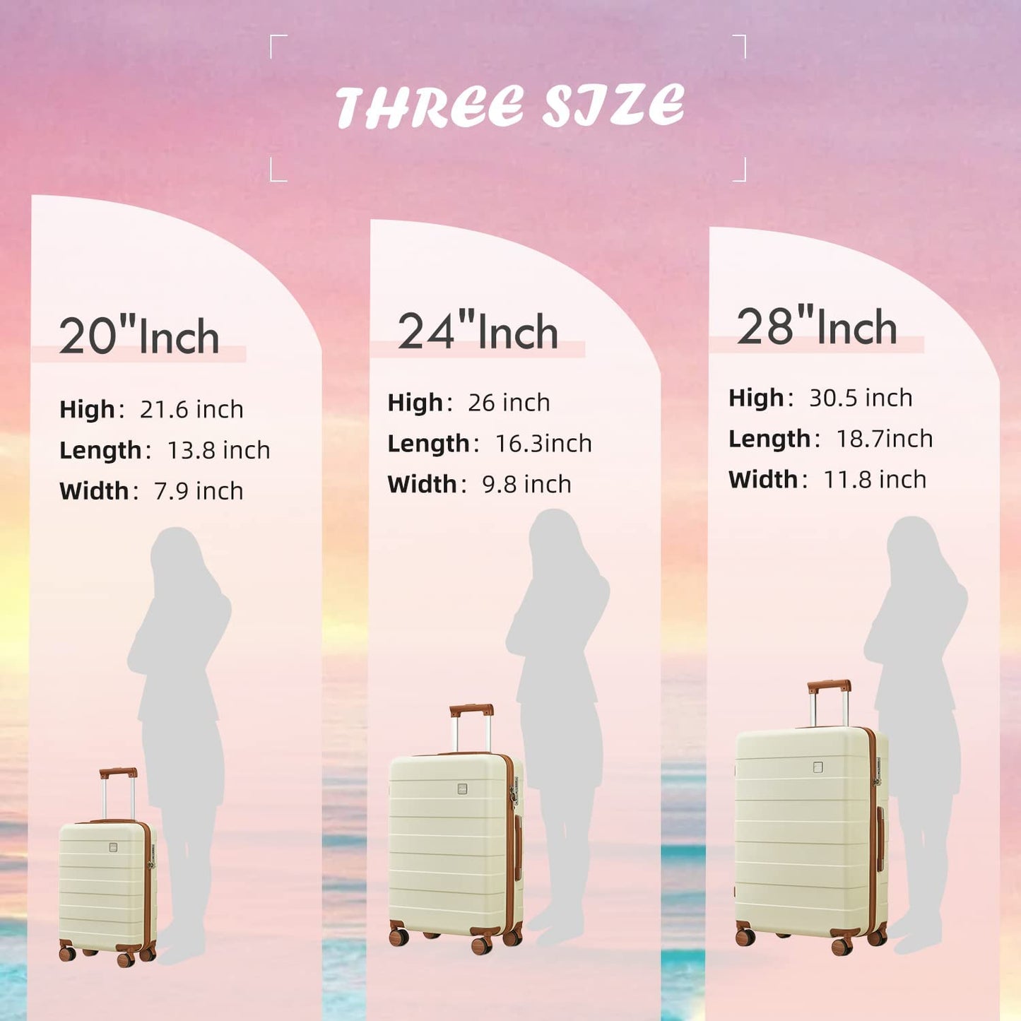 luggage size reference 3 Piece Set Lightweight Hard Shell Luggage Set