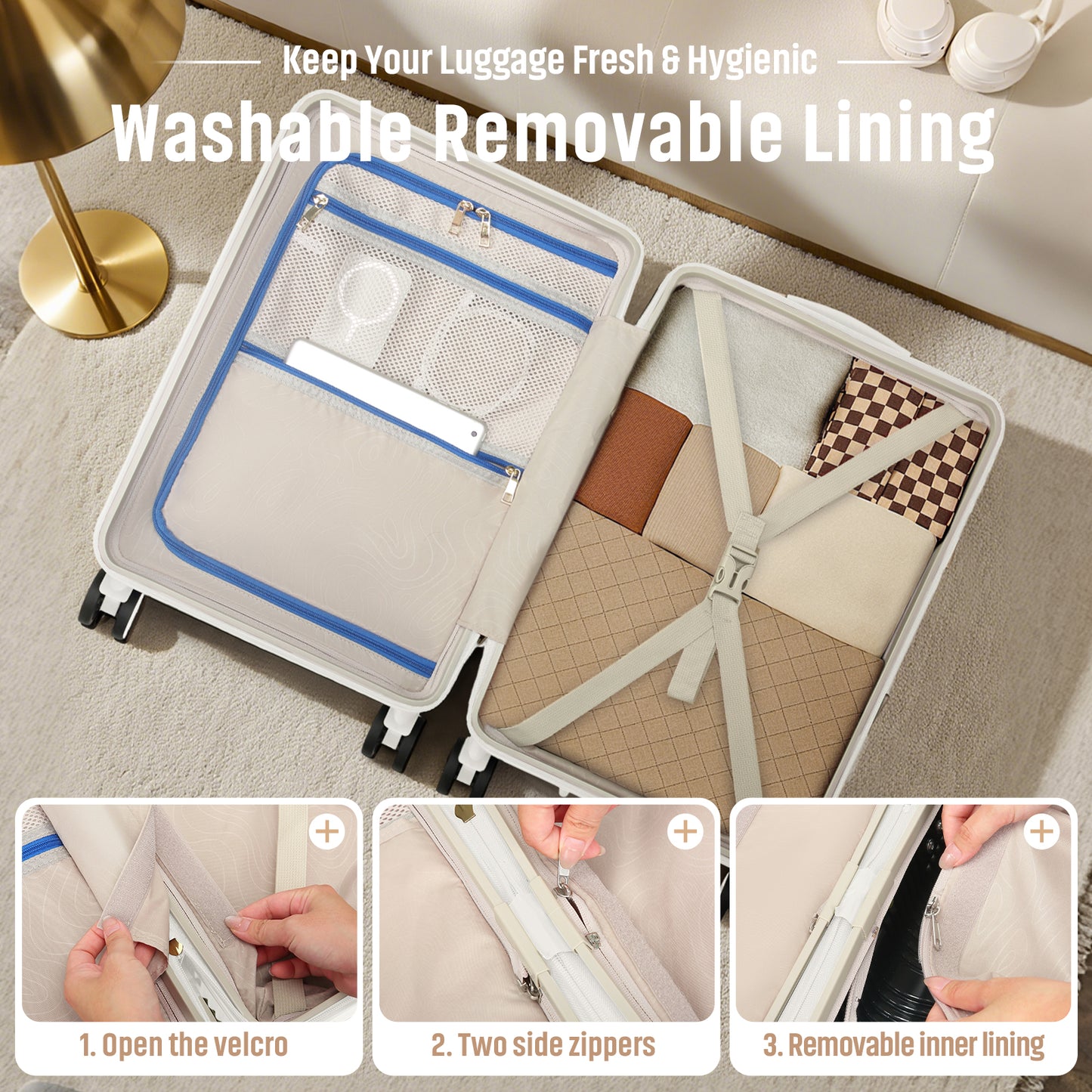 20-inch lightweight and durable ABS luggage , featuring silent universal wheels, shockproof design，as well as a cup holder function, making it an excellent travel companion PF001