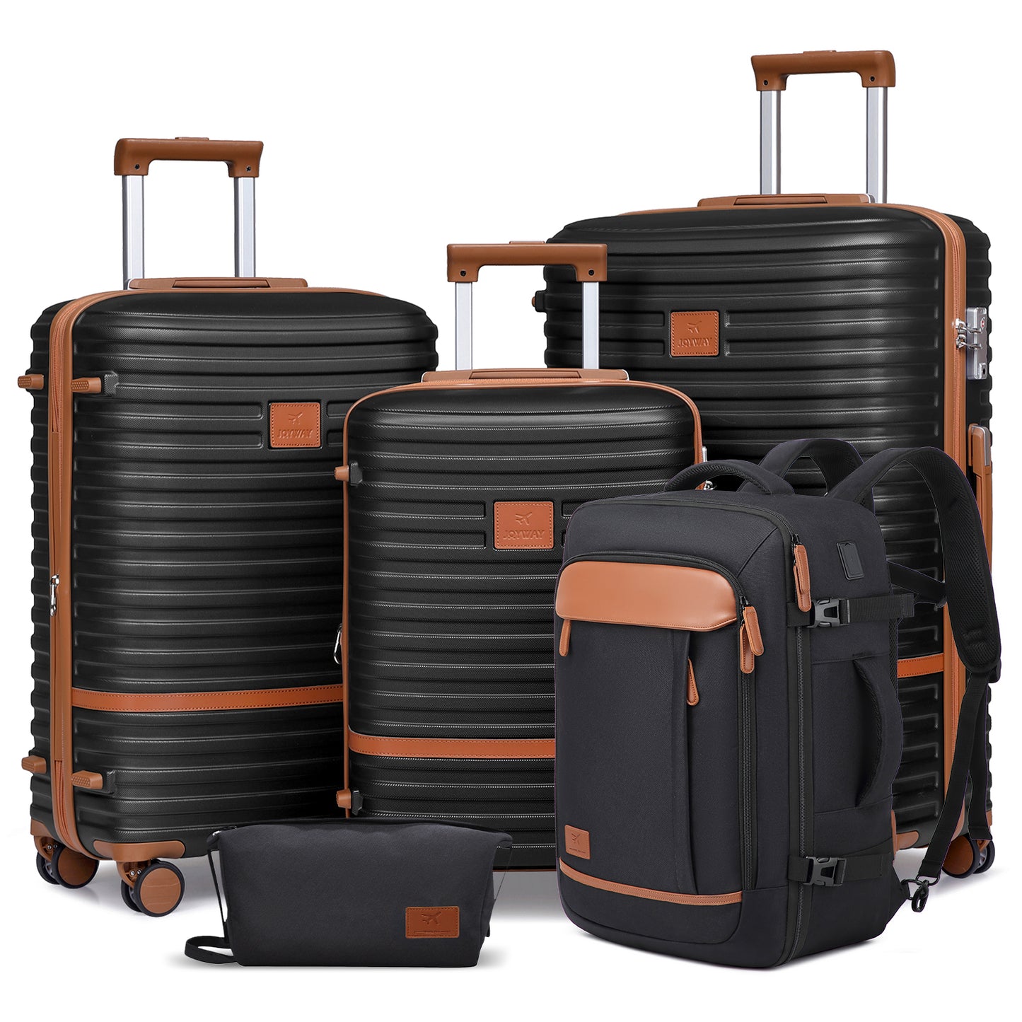 5-piece striped luggage set, including a hard-shell lightweight suitcase, a multi-functional backpack, and a cosmetic bag, TR008