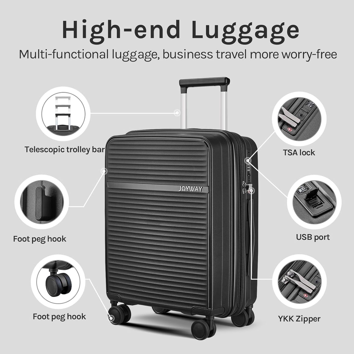 Joyway - 4 Luggage Sets PP Hardside USB Spinner Luggage - （Expandable Carry-on Luggage20"）（ 24" 28")