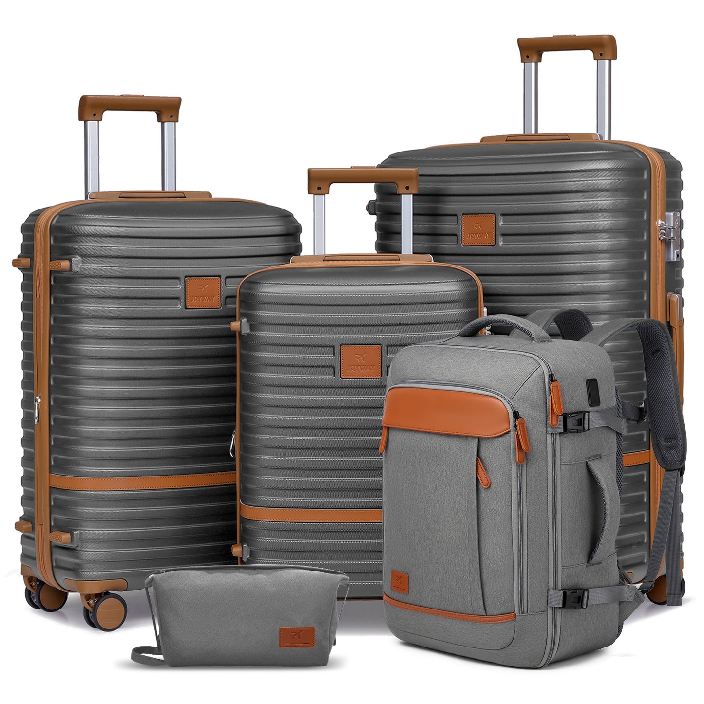 5-piece striped luggage set, including a hard-shell lightweight suitcase, a multi-functional backpack, and a cosmetic bag, TR008