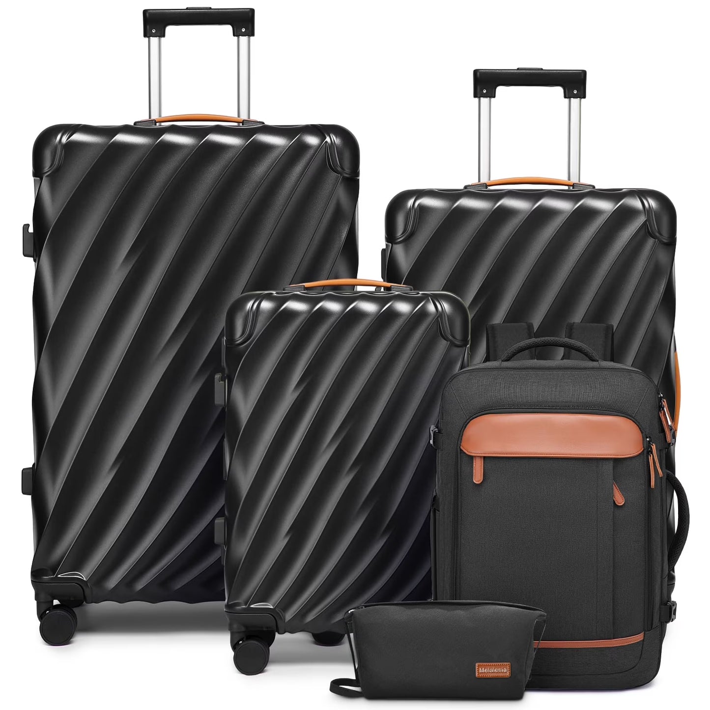 Joyway 5-Piece Luggage Set PC Ultra-Hard Shell Lightweight Suitcase TSA Lock Brake Spinner Wheels (20/24/29) with Backpack Black