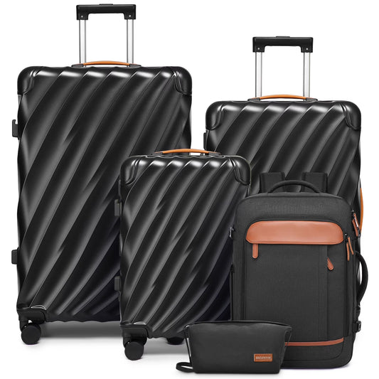 Joyway 5-Piece Luggage Set PC Ultra-Hard Shell Lightweight Suitcase TSA Lock Brake Spinner Wheels (20/24/29) with Backpack Black