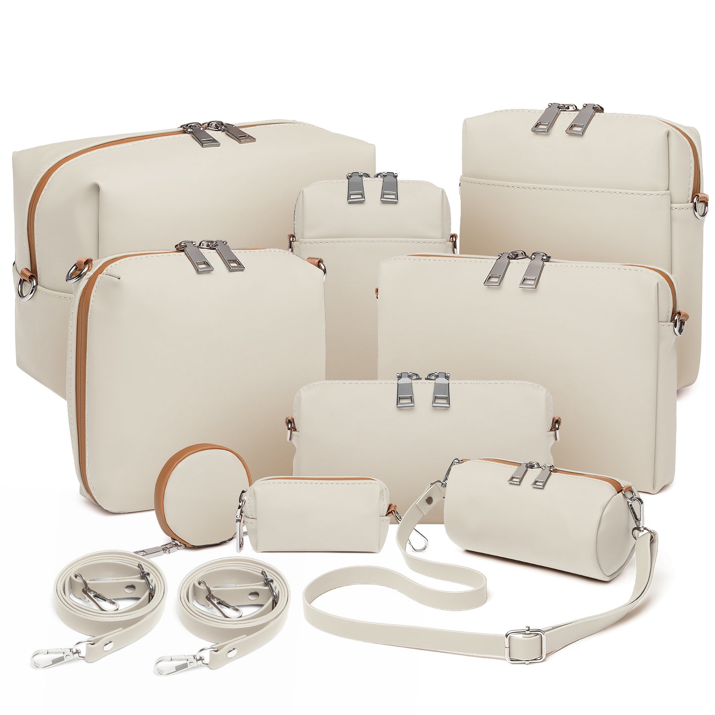 Ten-piece PU leather bag set, including a toiletry bag set (9 bags + 3 matching shoulder straps)