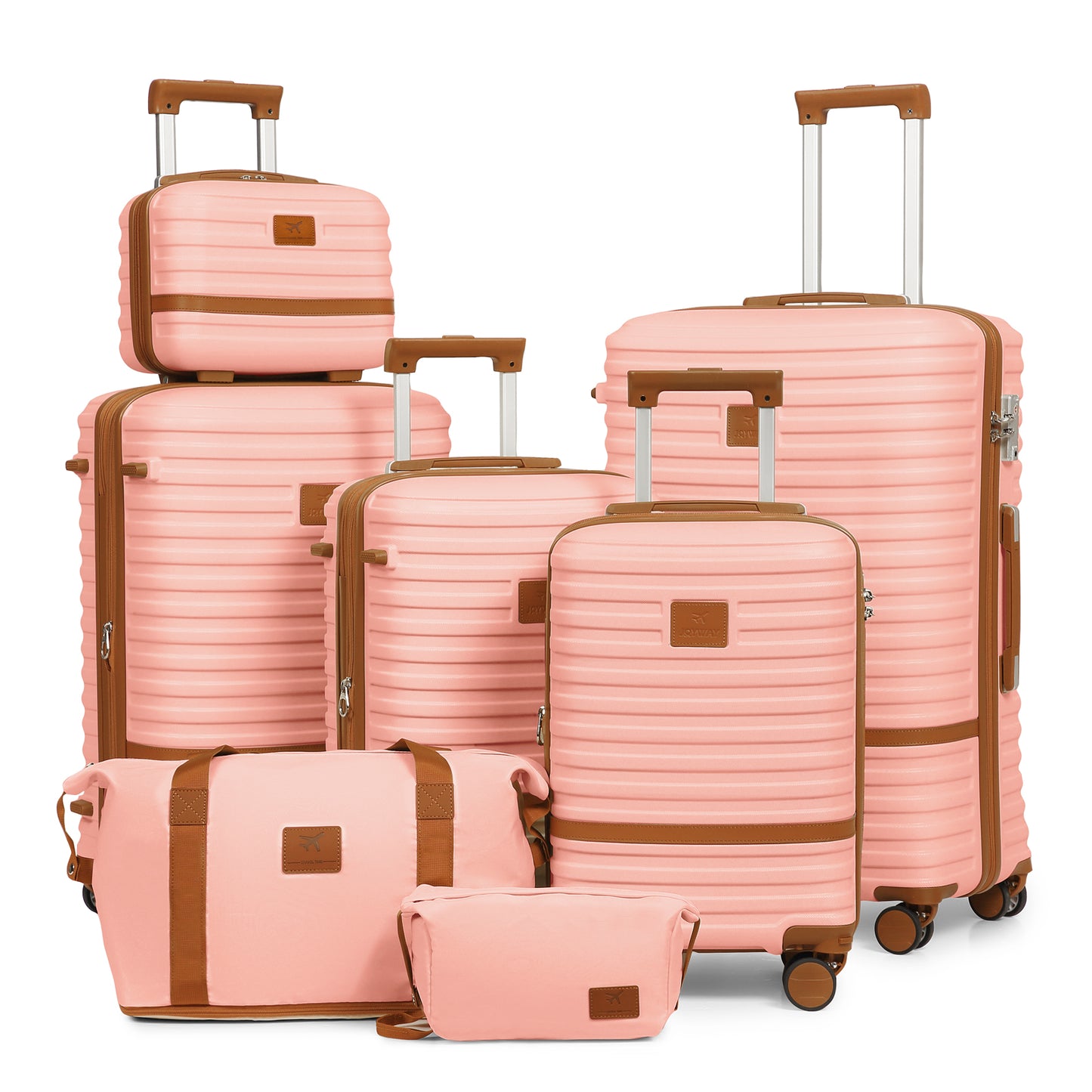 7-piece striped luggage set, including four hard-shell lightweight suitcases, one makeup case, one multi-functional luggage bag, and one cosmetic bag, model TR008